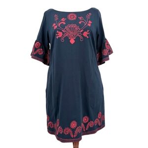 eSHAKTI Women's 2X-22W Boho Navy Blue & Red Embroidered Dress Short Bell Sleeves